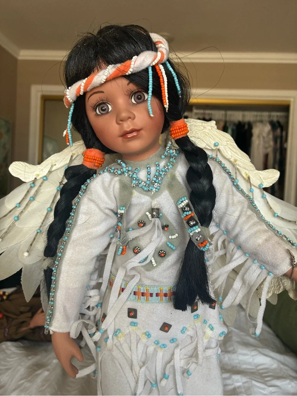White Beaded Native-Inspired Kids Costume Dress with Fringe